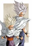  2boys blonde_hair bracelet cape clenched_hands dragon_ball green_eyes highres jewelry kakeru_(dbskakeru) multiple_boys red_eyes simple_background son_gohan spiky_hair toriyama_akira_(style) white_cape white_hair 