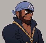  1boy archie_(pokemon) bandana beard blue_bandana bodysuit brown_hair closed_mouth collarbone commentary dark-skinned_male dark_skin facial_hair grey_background logo male_focus outline petalpaladin pokemon pokemon_(game) pokemon_oras short_hair smile solo split_mouth team_aqua upper_body wetsuit 