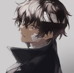  1boy bandage_on_face bandage_over_one_eye bandaged_head bandaged_neck bandages black_coat brown_eyes brown_hair bungou_stray_dogs coat dazai_osamu_(bungou_stray_dogs) hair_between_eyes highres looking_at_viewer mzc1785 short_hair solo 