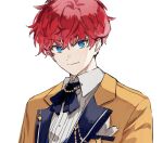  1boy amagi_hiiro aqua_eyes black_bow black_bowtie bow bowtie breast_pocket buttons closed_mouth commentary_request earrings ensemble_stars! hoop_earrings jewelry korean_commentary lapels looking_at_viewer male_focus nong_345 notched_lapels official_alternate_costume pocket redhead short_hair simple_background solo star_(symbol) upper_body white_background 
