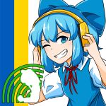  1girl bad_apple!! blue_bow blue_eyes blue_hair bow cirno clenched_teeth commentary english_commentary grin hair_bow hakurei_reimu hands_on_headphones hands_up headphones highres looking_at_viewer neck_ribbon one_eye_closed red_ribbon ribbon short_hair short_sleeves silhouette smile solo teeth touhou ukrainian_flag upper_body wing_collar xen0moonz 
