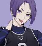  1boy blue_lock bodysuit commentary_request hand_on_own_neck highres long_sleeves looking_at_viewer male_focus mikage_reo moco_(1553561764583079936) purple_background purple_hair simple_background soccer_uniform solo sportswear teeth tongue tongue_out upper_teeth_only violet_eyes 