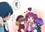  2boys 2girls :d armband black_tank_top blue_hair blue_jacket blue_necktie blue_shirt brown_hair capelet child_of_the_galaxy collared_shirt commentary_request employee_(lobotomy_corporation) fur-trimmed_jacket fur_trim glaring grey_eyes hat hat_bell heart jacket laetitia_(lobotomy_corporation) lobotomy_corporation long_sleeves medu_(rubish) multicolored_hair multiple_boys multiple_girls neck_ribbon necktie no_mouth open_clothes open_jacket open_mouth pink_ribbon pink_shirt pink_skirt project_moon purple_hair red_capelet red_headwear red_vest ribbon shirt short_hair short_twintails skirt smile tank_top translation_request twintails vest yellow_shirt 