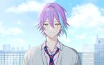  1boy aqua_hair cardigan closed_mouth clouds collared_shirt commentary diagonal-striped_necktie double-parted_bangs earrings grey_cardigan hair_between_eyes hk_(wgyz7222) jewelry kamishiro_rui kamiyama_high_school_uniform_(project_sekai) male_focus multicolored_hair open_collar outdoors project_sekai purple_hair school_uniform shirt short_hair single_earring solo streaked_hair two-tone_hair yellow_eyes 