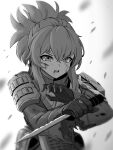  1girl armor blue_eyes breastplate chagaun_gim fighting_stance goddess_of_victory:_nikke greyscale highres holding holding_knife injury jewelry knife medium_hair military military_uniform monochrome necklace open_mouth pinne_(nikke) short_ponytail shoulder_armor sidelocks solo torn_clothes uniform wavy_hair 