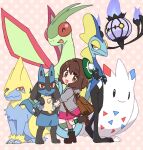  1girl :d backpack bag boots brown_bag brown_eyes brown_footwear brown_hair cable_knit cardigan chandelure chibi commentary dress flygon gloria_(pokemon) green_headwear green_socks grey_cardigan hat hooded_cardigan inteleon leg_up lucario manectric nm222 open_mouth pink_background pink_dress plaid_socks pokemon pokemon_(creature) pokemon_(game) pokemon_swsh polka_dot polka_dot_background smile socks standing standing_on_one_leg tam_o&#039;_shanter togekiss 