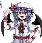  1girl bat_wings black_wings blue_hair blush brooch collared_shirt color_guide fangs fingernails formicid hair_between_eyes hat hat_ribbon jewelry mob_cap nail_polish open_mouth pointy_ears red_eyes red_nails red_ribbon remilia_scarlet ribbon shirt short_hair short_sleeves simple_background skirt smile solo touhou upper_body white_background white_headwear white_shirt white_skirt wings wrist_cuffs 