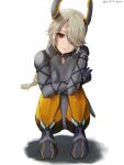  1girl arm_support blonde_hair braid braided_ponytail character_request closed_mouth full_body highres horns long_hair looking_at_viewer oyasu_(kinakoyamamori) red_eyes shadow simple_background solo squatting white_background xenoblade_chronicles_(series) xenoblade_chronicles_3 