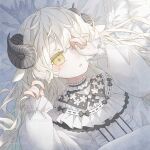  1girl absurdres blush curled_horns dress frills highres horns long_hair long_sleeves looking_at_viewer lying on_back open_mouth original pillow sheep_girl sheep_horns solo tearing_up under_covers upper_body wavy_hair white_dress white_hair yellow_eyes yuge_kemuri 