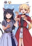  2girls animal_ear_fluff animal_ears black_hair black_shirt blonde_hair blue_background blue_skirt blunt_bangs border cat_ears cat_girl cat_tail coat collarbone commentary dog_ears dog_girl dog_tail english_commentary fang feet_out_of_frame floating_hair grey_shirt hair_between_eyes hair_ornament hairclip highres inoue_takina jewelry kemonomimi_mode long_hair looking_at_viewer lycoris_recoil multiple_girls necklace nguyen_huy nishikigi_chisato one_side_up open_clothes open_coat open_mouth paw_pose pleated_skirt red_coat red_eyes shadow shirt short_hair short_sleeves shorts sidelocks skin_fang skirt tail two-tone_skirt violet_eyes wavy_mouth white_border white_shorts 