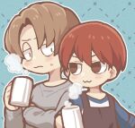  2boys :3 apron black_apron blue_background blue_shirt brown_eyes brown_hair closed_mouth commentary_request cup employee_(lobotomy_corporation) grey_shirt half-closed_eyes hatake_shimeji holding holding_cup lobotomy_corporation long_sleeves lowres male_focus mug multiple_boys original project_moon redhead shirt short_hair steam sweat v-shaped_eyebrows 