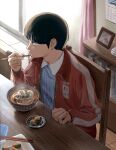  1boy black_hair blunt_bangs bookshelf bowl bowl_cut calendar_(object) chopsticks clothes_writing curtains eating floor food food_in_mouth from_above from_side hand_up highres holding holding_chopsticks indoors jacket kageyama_shigeo long_sleeves looking_to_the_side male_focus mob_psycho_100 nanigaoka noodles pajamas picture_frame plate profile red_jacket running_bond short_hair solo steam table track_jacket wooden_chair wooden_table 