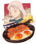  1girl bacon bowl closed_eyes eating food food_focus food_on_face fork fried_egg frying_pan howl_no_ugoku_shiro lowres medium_hair no_humans original smile solo sophie_(howl_no_ugoku_shiro) sparkle torianco3 white_hair 