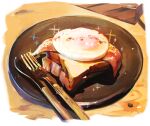  bacon food food_focus fork fried_egg fried_egg_on_toast highres knife no_humans original plate sparkle still_life toast torianco3 