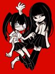  2girls arm_at_side asymmetrical_eyes black_eyes black_footwear black_hair black_skirt blunt_bangs claw_pose closed_mouth collared_shirt double-parted_bangs empty_eyes extra_arms finger_to_mouth floating full_body greyscale_with_colored_background hand_up hands_up hatosabure highres kneehighs leaning_back long_hair looking_to_the_side monoe monoko multiple_girls no_nose open_mouth pale_skin pleated_skirt red_background ringed_eyes saliva shirt shoes short_sleeves sidelocks simple_background skirt smug socks tears twintails very_long_hair white_eyes white_shirt white_socks yume_nikki 