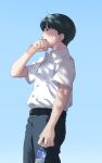  1boy arm_at_side belt black_hair blunt_bangs bottle bowl_cut collared_shirt cowboy_shot dappled_sunlight day dress_shirt from_side hand_up highres holding holding_bottle kageyama_shigeo long_sleeves looking_ahead male_focus mob_psycho_100 nanigaoka pants profile school_uniform shirt shirt_tucked_in short_hair short_sleeves simple_background sky solo sunlight sweat water_bottle white_shirt wiping_face 