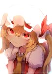  :3 absurdres ascot blonde_hair flandre_scarlet hat hat_ribbon highres looking_at_viewer medium_hair mob_cap one_side_up puffy_short_sleeves puffy_sleeves red_eyes red_ribbon red_vest ribbon shirt short_sleeves slit_pupils sotatsudraw touhou vest white_background white_shirt yellow_ascot 