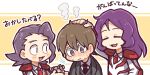  3boys @_@ armor black_necktie blush brown_hair candy closed_eyes closed_mouth collared_shirt employee_(lobotomy_corporation) food grey_jacket grey_vest hatake_shimeji headpat holding holding_candy holding_food jacket lobotomy_corporation long_hair long_sleeves male_focus medium_hair multiple_boys necktie open_clothes open_jacket project_moon purple_hair red_necktie shirt short_hair shoulder_armor smile steam sweat vest white_jacket white_shirt 