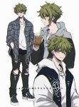  1boy alternate_costume amami_rantaro black_jacket black_pants bubble_tea criis-chan danganronpa_(series) danganronpa_v3:_killing_harmony ear_piercing green_eyes green_hair grin hair_between_eyes hood hood_down hooded_jacket jacket jewelry long_sleeves looking_at_viewer male_focus messy_hair open_clothes open_jacket pants piercing shirt short_hair simple_background smile teeth torn_clothes torn_pants white_jacket 