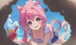  1girl animal_ears beach blush breasts collarbone hair_between_eyes hair_ornament haru_urara_(umamusume) highres horse_ears horse_girl horse_tail looking_at_viewer lying ocean on_stomach open_mouth pink_eyes pink_hair pov sand shorts sky small_breasts solo swimsuit tail umamusume yakousei_a 