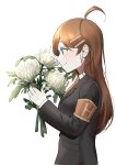  1girl ahoge armband black_jacket blue_eyes bouquet brown_hair brown_necktie collared_shirt flower hair_ornament hairclip highres hod_(project_moon) holding holding_bouquet jacket lobotomy_corporation long_hair necktie pocket ppanglatte project_moon shirt solo upper_body white_flower white_shirt wing_collar 
