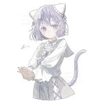  1girl absurdres animal_ears bow bowtie brooch cat_ears cat_girl cat_tail dress ear_covers expressionless highres jewelry long_sleeves looking_at_viewer original own_hands_together purple_hair short_hair simple_background solo tail upper_body violet_eyes white_background yuge_kemuri 