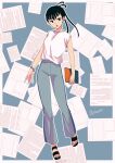  1girl black_hair blue_background blue_pants border bracelet breasts casual full_body hair_rings holding jewelry kagami_rin long_hair looking_at_viewer open_mouth outline pants paper sandals shirt solo standing standing_on_one_leg swkzw1015 twintails white_outline white_shirt world_trigger 