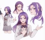  1girl 1other :p blue_lock bow clothes_grab collared_shirt cowboy_shot genderswap genderswap_(mtf) grey_vest hair_bow hands_up highres jacket kaliai_k long_hair long_sleeves looking_at_viewer mikage_reo open_mouth purple_bow purple_hair school_uniform shirt short_eyebrows simple_background sleeve_grab smile sweat tongue tongue_out upper_body v-shaped_eyebrows vest violet_eyes white_background white_jacket white_shirt 