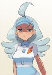  1girl blue_eyes blue_hair breasts buttons collared_shirt half-closed_eyes highres kahili_(pokemon) light_blue_hair long_hair medium_breasts mole mole_under_eye pokemon pokemon_(game) pokemon_sm shirt short_sleeves solo v-shaped_eyebrows 