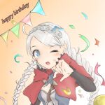  1girl ahoge blue_eyes braid capelet confetti fire_emblem fire_emblem_fates hairband happy_birthday hood hood_down hooded_capelet low_twin_braids nina_(fire_emblem) one_eye_closed open_mouth parted_bangs party red_capelet sakura_no_yoru string_of_flags sweatdrop twin_braids 