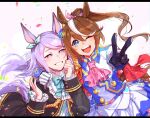  2girls ascot black_coat black_gloves blue_bow blue_bowtie bow bowtie brown_hair buttons coat double-breasted dress frilled_sleeves frills gloves hair_bow highres horse_girl jyanjyan long_hair mejiro_mcqueen_(umamusume) multicolored_hair multiple_girls one_eye_closed open_mouth pink_ascot pink_bow purple_hair sidelocks simple_background smile streaked_hair teeth tokai_teio_(umamusume) umamusume v very_long_hair violet_eyes white_background white_dress 