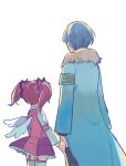  1boy 1girl armband black_pants blue_coat blue_hair coat commentary_request employee_(lobotomy_corporation) fake_wings from_behind fur-trimmed_coat fur_trim garter_straps height_difference holding_hands lobotomy_corporation long_sleeves medu_(rubish) pants pink_skirt pink_vest pleated_skirt project_moon purple_hair shirt short_hair short_twintails simple_background sketch skirt thigh-highs twintails vest white_background white_shirt white_thighhighs wings 