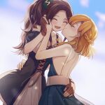 2girls blush brown_hair character_request clouds cloudy_sky couple inuko_(ink0425) long_hair multiple_girls open_mouth sky smile volcano_princess_(game) yuri