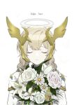  1girl bouquet braid brown_hair closed_eyes closed_mouth halo head_wings highres holding holding_bouquet lobotomy_corporation long_hair long_sleeves ppanglatte project_moon sidelocks simple_background solo twin_braids upper_body white_armor white_background white_fixer_(lobotomy_corporation) wings 