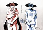  2boys america_(hetalia) american_flag axis_powers_hetalia bare_arms blue_theme chin_strap commentary_request cowboy_shot eduroku flower glasses hat holding holding_flower long_hair long_sleeves male_focus multiple_boys multiple_monochrome pants print_shirt red_theme russia_(hetalia) scarf shaded_face shirt short_hair short_sleeves side-by-side simple_background smirk soviet_flag straw_hat sun_hat t-shirt translation_request 