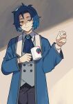  1boy ascot black_pants blue_ascot blue_coat blue_hair brown_eyes buttons chesed_(project_moon) closed_mouth coat collared_shirt commentary_request cowboy_shot cup double-breasted grey_vest hand_up holding holding_cup lobotomy_corporation lobotomy_corporation_logo long_sleeves looking_at_viewer male_focus medu_(rubish) mug open_clothes open_coat pants parted_bangs project_moon shirt short_hair smile solo vest white_shirt 
