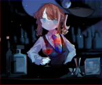  1girl a_hat_in_time alcohol black_headwear blue_eyes blue_necktie brown_hair hat_kid highres ice ice_cube nasubeen necktie night waitress wine 