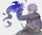  1boy black_eyes bone_(stare) book brown_coat closed_mouth coat fingernails fire_emblem fire_emblem_awakening holding holding_book long_sleeves magic male_focus open_book robin_(fire_emblem) short_hair solo sword weapon white_background white_hair 