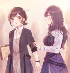  !? 2girls absurdres asahina_mafuyu black_jacket blush brown_background brown_dress brown_eyes brown_hair closed_mouth clothes_grab dress highres jacket long_hair long_sleeves low_ponytail multiple_girls notice_lines open_clothes open_jacket parted_lips profile project_sekai purple_dress purple_hair shinonome_ena shirt sleeve_grab sorimachi-doufu sweat swept_bangs very_long_hair violet_eyes white_shirt 