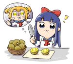  2girls :3 anger_vein angry apron artist_name bkub_(style) blonde_hair blue_eyes blue_hair bow chibi clenched_hand closed_mouth cutting_board food fruit hair_bow hair_ornament hair_scrunchie holding holding_knife hozumi_(5+2head) kitchen_knife kiwi_(fruit) knife light_blush long_hair long_sleeves multiple_girls pipimi poptepipic popuko purple_hair red_bow school_uniform scrunchie serafuku sidelocks simple_background spoken_character thought_bubble two_side_up upper_body violet_eyes white_background yellow_eyes 