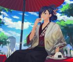  1boy blue_hair brown_eyes closed_mouth eating fire_emblem fire_emblem_engage food hair_ornament highres holding holding_food japanese_clothes kagetsu_(fire_emblem) looking_to_the_side medium_hair mikami onigiri ponytail sitting sky solo tree 