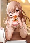  1girl ahoge blush brown_eyes brown_hair brown_hoodie burger crossed_bangs eating food highres holding holding_food hololive hololive_english hood hoodie kai_c16 long_hair looking_at_viewer multicolored_hair nanashi_mumei nanashi_mumei_(3rd_costume) official_alternate_costume red_shirt shirt streaked_hair sweater very_long_hair virtual_youtuber white_sweater 