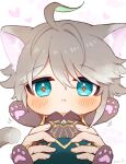  1boy 1other ahoge alhaitham_(genshin_impact) animal_ear_fluff animal_ears animal_hands animalization arms_up artist_name asymmetrical_sidelocks black_shirt blue_eyes blue_pants blush cat_ears cat_paws cat_tail chest_jewel chibi colored_inner_hair fingernails gem genshin_impact green_gemstone green_hair grey_hair hair_between_eyes heart highres holding jewelry lifting_person looking_at_viewer medium_bangs multicolored_hair out_of_frame pants parted_bangs paw_print ring shirt short_hair sidelocks solo_focus streaked_hair symbol-shaped_pupils tail triangle_mouth two-tone_hair white_background yellow_trim yuuzatta 