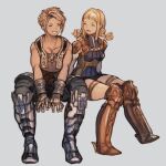  1boy 1girl blonde_hair blue_bodysuit bodysuit braid breasts final_fantasy final_fantasy_xii full_body gloves long_hair maekakekamen open_mouth penelo simple_background smile thigh-highs twin_braids twintails vaan 