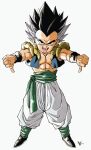  1boy baggy_pants black_eyes black_footwear black_hair bracelet double_thumbs_down dragon_ball gotenks highres jewelry kakeru_(dbskakeru) open_mouth pants shoes simple_background solo spiky_hair teeth tongue tongue_out toriyama_akira_(style) upper_teeth_only white_background white_pants 