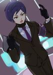  1boy armband black_gloves black_jacket black_pants black_sweater brown_eyes clipboard collared_shirt commentary_request gloves holding holding_clipboard jacket lobotomy_corporation long_sleeves male_focus medu_(rubish) necktie open_mouth pants project_moon purple_armband purple_hair purple_necktie ribbed_sweater shirt short_hair solo sweater turtleneck turtleneck_sweater v-shaped_eyebrows white_shirt yesod_(project_moon) 