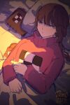  1girl :/ anniversary bed blanket blush book braid brown_hair closed_eyes covering_with_blanket diary from_above hands_up highres light long_sleeves lying madotsuki messy_hair notebook on_back pillow pink_sweater signature sleeping solo sunlight sweater takato1925 turtleneck turtleneck_sweater twin_braids twintails twitter_username yume_nikki 