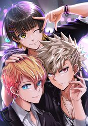  3boys absurdres bachira_meguru bakugou_katsuki black_hair black_jacket black_shirt blonde_hair blue_eyes blue_lock boku_no_hero_academia commentary_request earrings esora-arts fur_trim hair_ornament highres hoshino_aquamarine jacket jewelry male_focus multicolored_hair multiple_boys necklace one_eye_closed oshi_no_ko red_eyes shirt short_hair spiky_hair star-shaped_pupils star_(symbol) symbol-shaped_pupils two-tone_hair v wristband x_hair_ornament yellow_eyes 