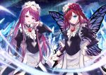  2girls absurdres alternate_costume blue_eyes brooch butterfly_wings commission cosplay felicia_(fire_emblem) felicia_(fire_emblem)_(cosplay) fire_emblem fire_emblem_engage fire_emblem_heroes flower hair_flower hair_ornament hair_vines highres ivy_(fire_emblem) jewelry long_hair maid_headdress multiple_girls purple_hair red_eyes second-party_source skeb_commission swept_bangs triandra_(fire_emblem) wings yamanakaume 