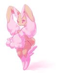 1girl alternate_color animal_ears animal_nose body_fur brown_fur closed_mouth commentary english_commentary full_body furry furry_female hands_up highres holding_own_ears ingi legs_together looking_at_viewer lopunny own_hands_together pink_eyes pink_fur pointy_ears pokemon pokemon_(creature) rabbit_ears rabbit_girl rabbit_tail shiny_pokemon simple_background solo split_mouth standing tail two-tone_fur white_background 